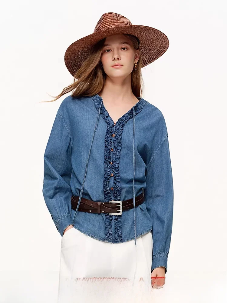 

Женская джинсовая рубашка Lazy Sle с V-образным вырезом, рукавами-колокол и поясом, весна 2026, из смесового хлопка, лиоцелла и льна, стандартный крой, длинная.