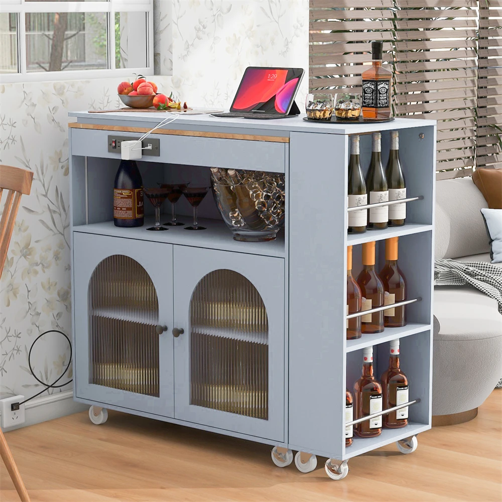 Kitchen Island with Extended Table, Kitchen Island on Wheels LED Lights, Power Outlets and 2 Fluted Glass Doors, Kitchen Island