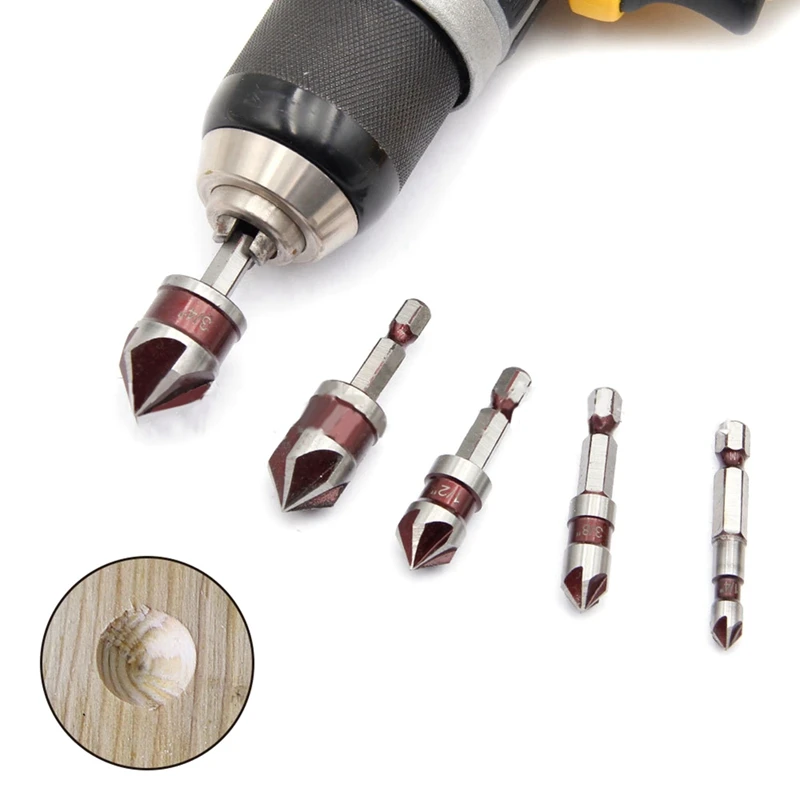 5 플루트 금속 코발트 카운터싱크 드릴 비트 세트, 82 ° 5 개, 1/4 인치 육각 섕크 카운터싱크 비트 세트, 1/4In 3/8In 1/2In 5/8In