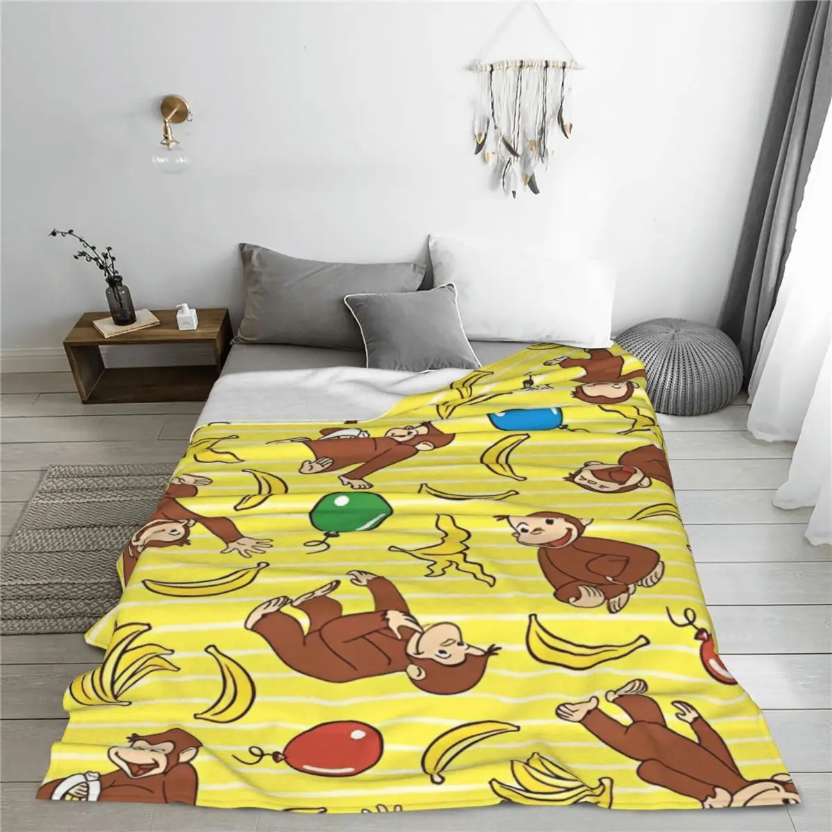 Curious George Banana Cartoon Fleece Throw Blankets Monkey Blanket for Home Outdoor Lightweight Bedding Throws