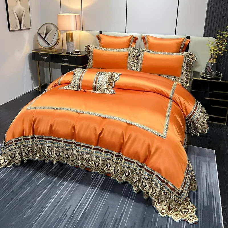 Golden Luxury Satin Silk Chic Embroidery 4/6/7Pcs Cotton Comforter Cover Set Bed Sheet Duvet Cover Bedsheet Set Pillowcases