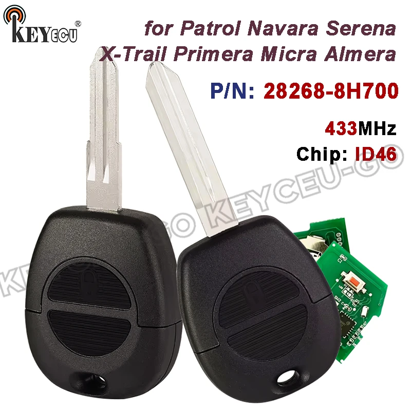 

KEYECU 433 МГц без чипа P/N: 28268-8H700 для Nissan Patrol Navara X-Trail Serena Primera Micra Almera, дистанционный автомобильный брелок с 2 кнопками