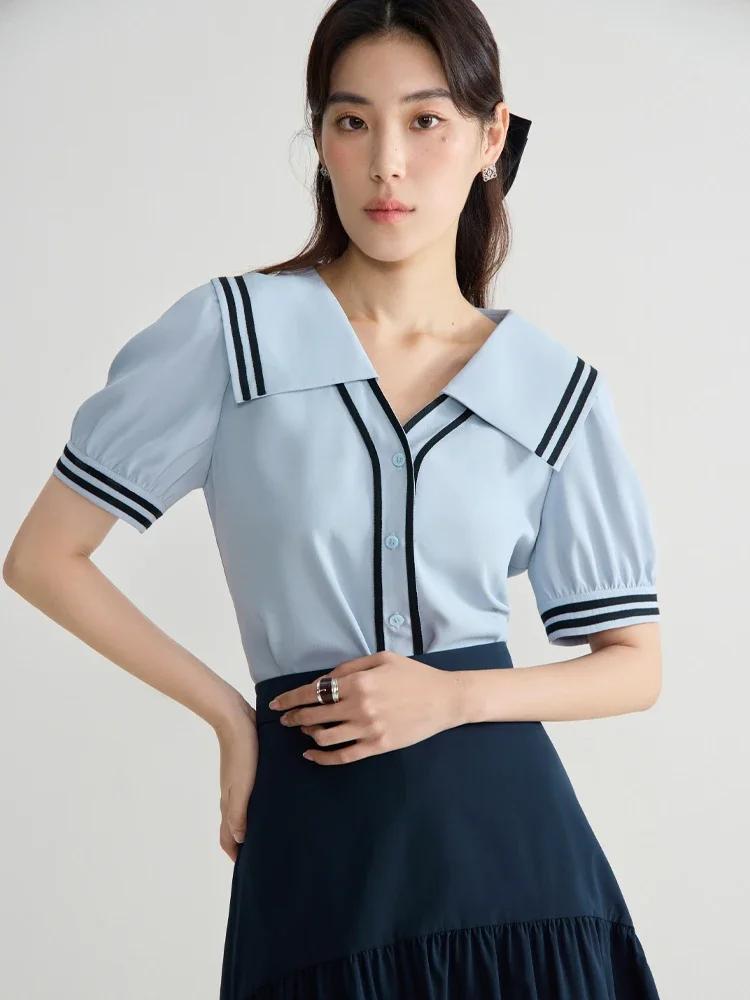 

DUSHU Women Contrast Color College Commuting Versatile Summer Shirt 2024 New Navy Collar Puff Sleeve Female Top 24DS82563