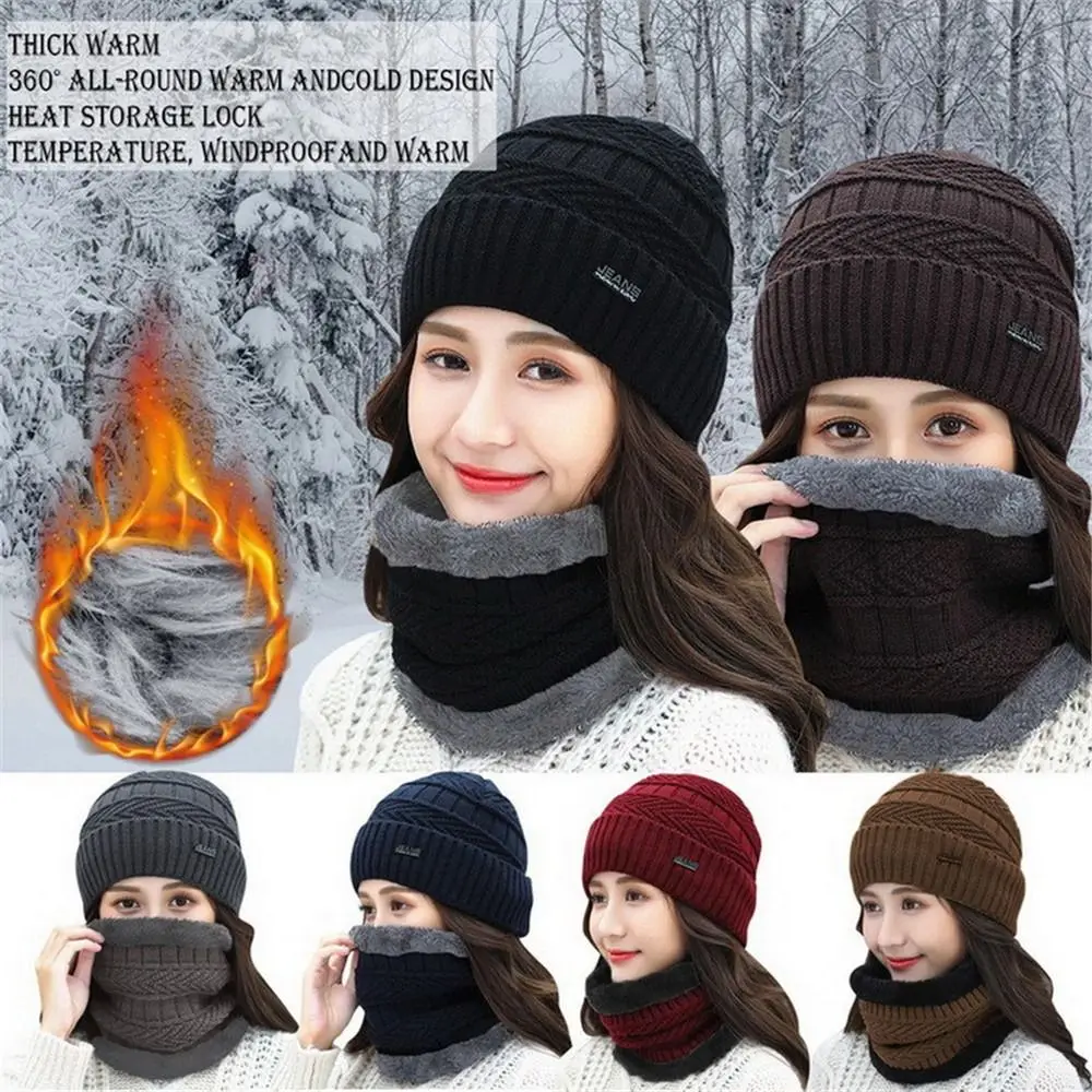 Winter Beanie Hat Scarf Thermal Fleece Knitted Hat Soft Warm Balaclava Wool Neck Warmer Scarf Cap