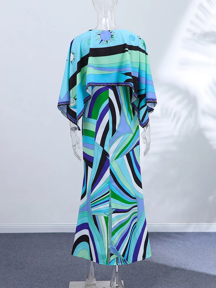 Bedruckter Cape-Langrock-Anzug für Damen, elegante Oberteile mit O-Ausschnitt und unregelmäßigem Saum, A-Linien-Röcke mit hoher Taille, schicke Partykleidung für Damen, neue Strandkleidung – Detail 23