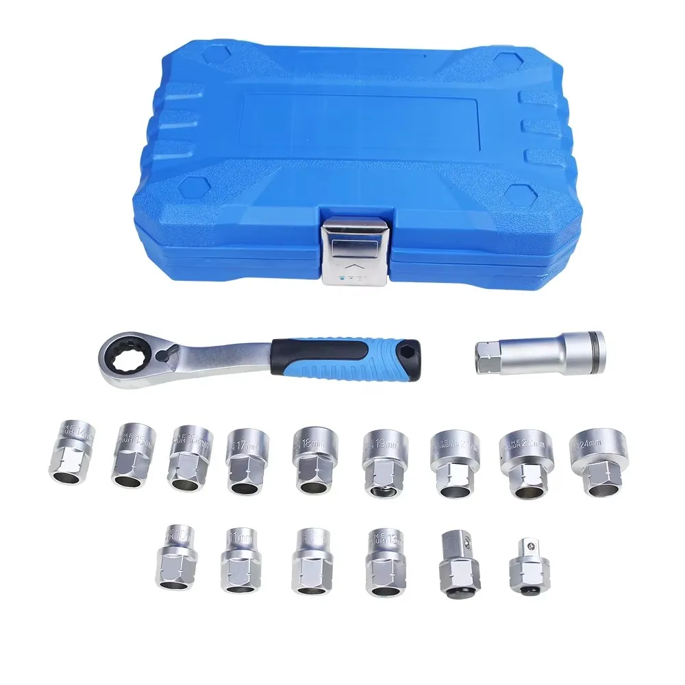 17PCS Pass Through Socket Wrench Set 10-24mm Metric Ratchet Spanner Kit Auto Repair Hand Tools With Box