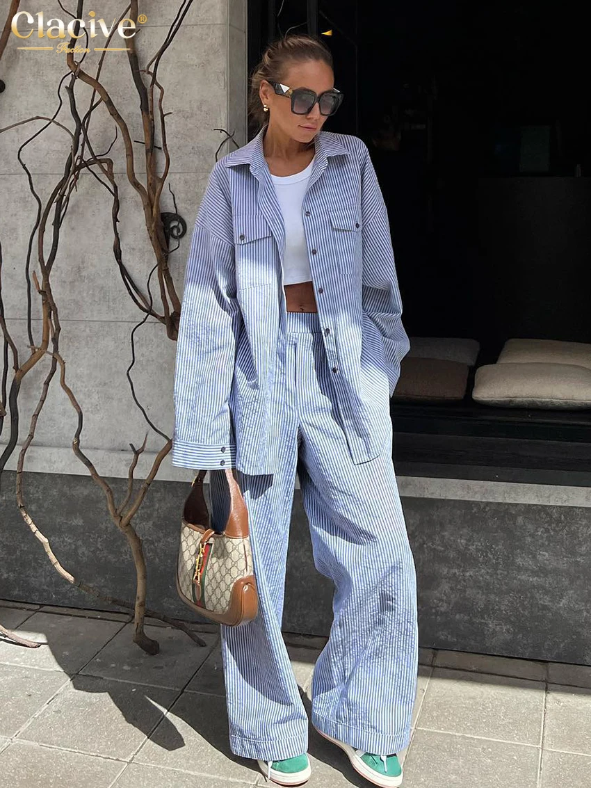 Clacive Fashion Long Sleeve Shirt 2 Piece Sets Women Outfit Casual Loose Print Pants Set Elegant High Waist Wide Trousers Suits