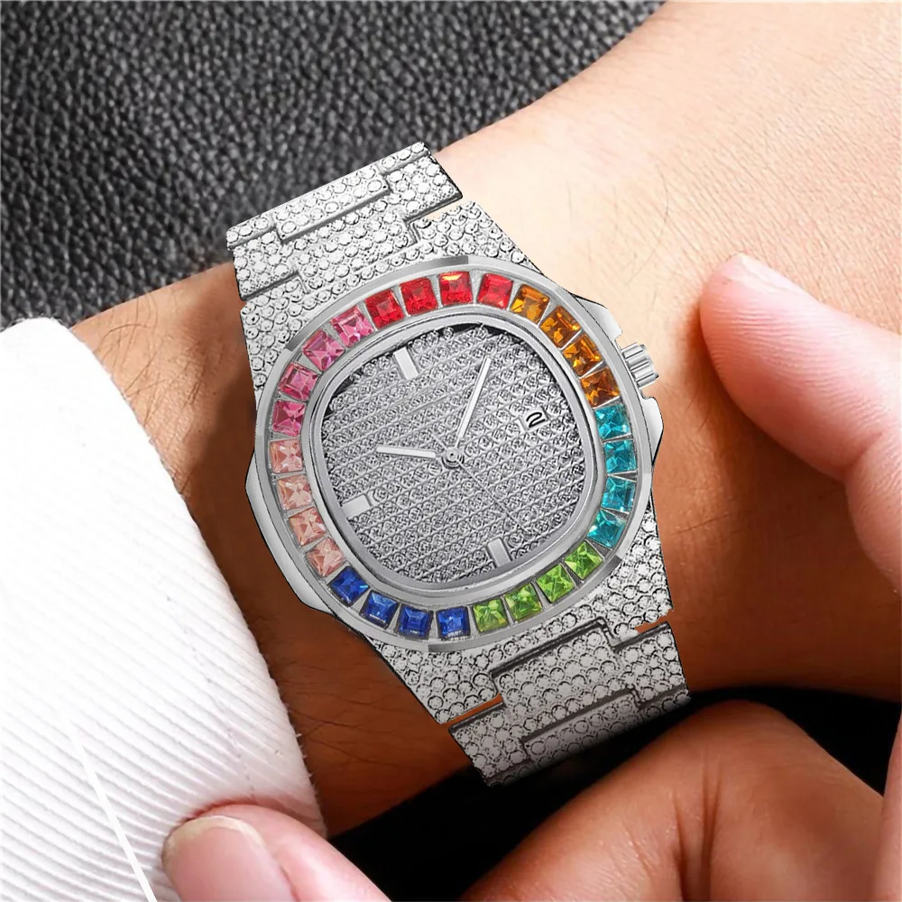 2024 Reloj Luxury New Rose Watch Branded Men Watches Stainless Steel Diamond Fashion Calendar Men Clock Gift Relogio Masculino