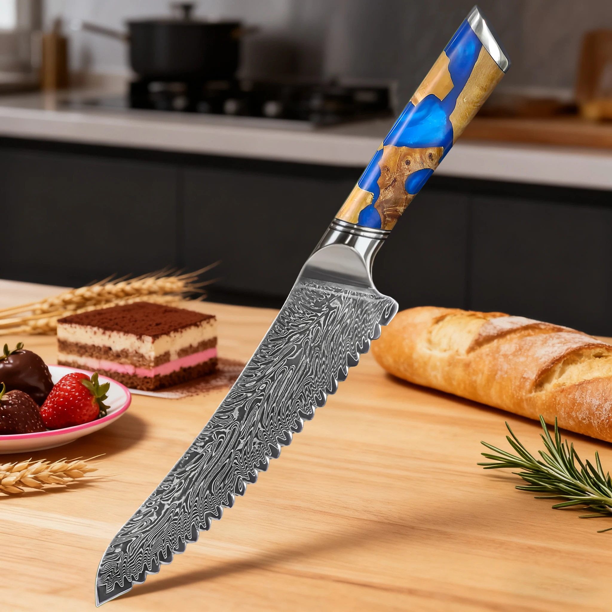 

Profesional Bread Knife Damascus Pattern Serrated Food knife Bread Cheese Cake Knife Cutting Tools Kitchen Knife Cooking Tools
