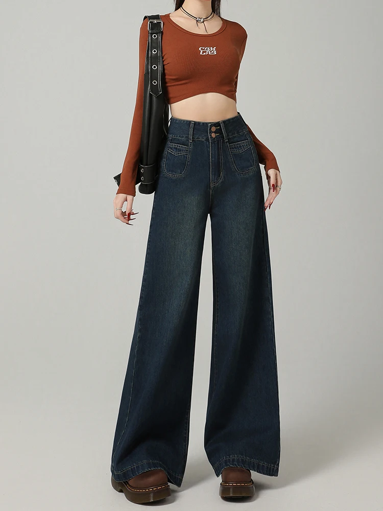 plus Size Fce Lined Thi Wide Leg Denim Jeans Women's Autumn New Loose Drapey Lazy Loose Feeling Floor Length Pants