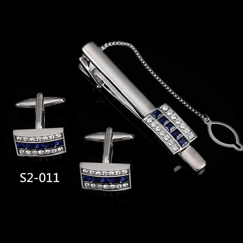 Men\'s French Cufflinks Tie Clips Set Luxury Tie Pins For Mens Suit Accessories Tie Bars Cuff Links Set Crystal Wedding Jewelry