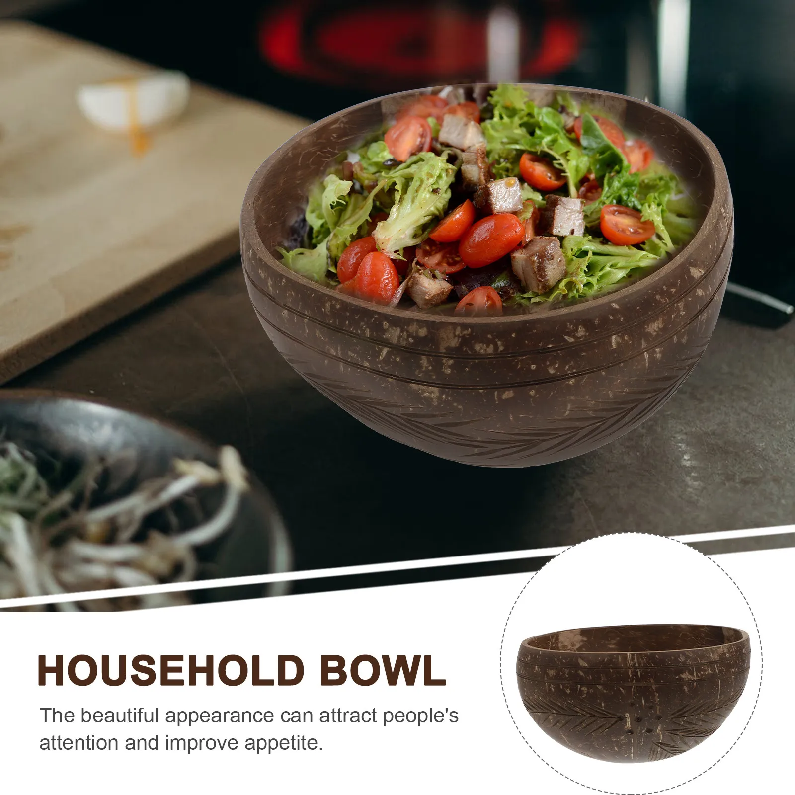 1Pcs Organic Coconut Shell Bowl Exquisite Craftsmanship Kitchen Food Serving Bowl for Salads Fruits Rice Vegetables Housewarming