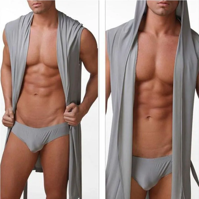 Men Summer Bathrobe Silky Hooded Sleeveless Bathrobe Sleepwear Pajamas Without underwear