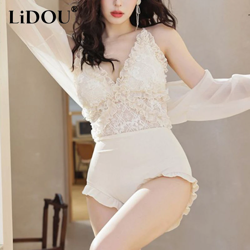 Korean Fashion Sexy Summer Swimsuits Women Solid Color Vintage Sweet Aesthetic Elegant White Hipster Street Lace Swimwear