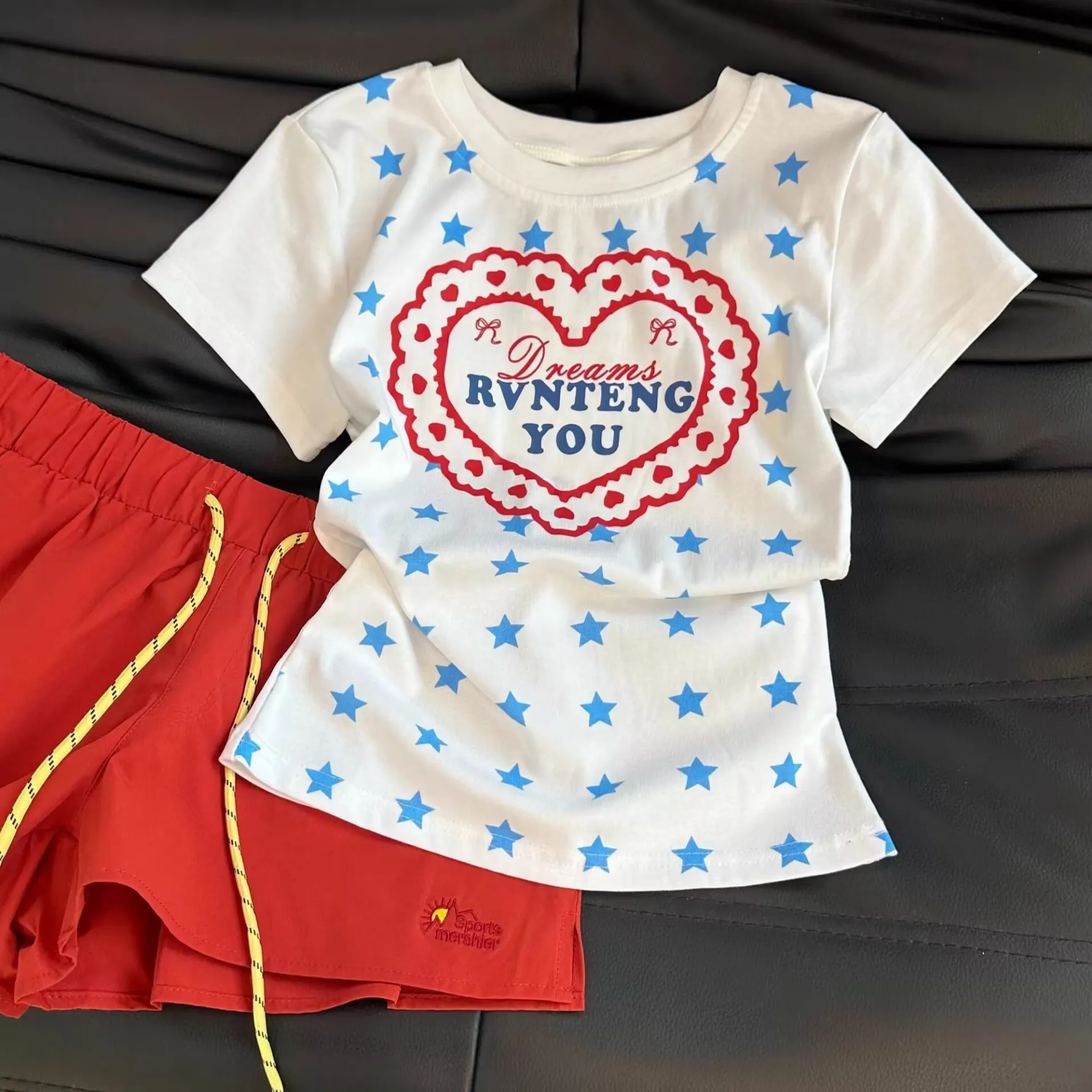 American Style Short Sleeve T-Shirt Women's Heart Star Print Slim Fit Short Length Top Summer Casual Wear Polyester Spandex
