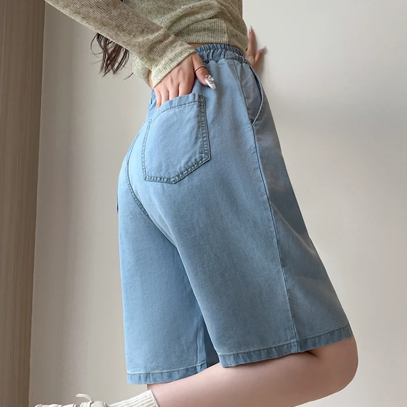 ฤดูใบไม้ผลิฤดูร้อน Tencel คาวบอยบางผู้หญิงครึ่งกางเกง 2025 ใหม่เอวสูง LACE-up Casual หลวมขากว้างสั้นสําหรับสตรี