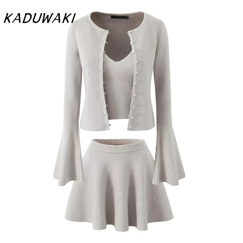 KADUWAKI French Spicy Girl Temperament Pearl Button Flared Sleeve Cardigan Top Large Swing Ruffle Edge Half Skirt Knitted Sets