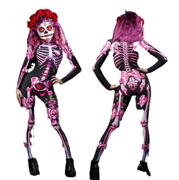 Adult Kids Halloween Skeleton Cosplay Jumpsuit Pink Rose Woman Sexy Skull Scary Costume Girls 3D Print Bodysuit Mother Daughter