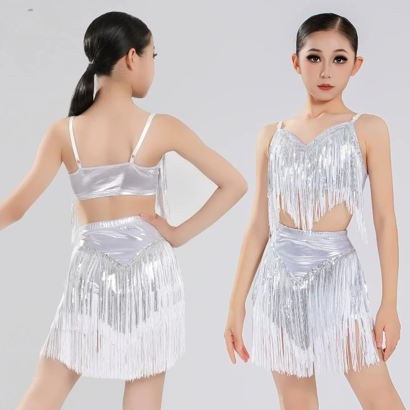 

Girl Professional Latin Dance Dress for Stage Kids Tassel Tango Salsa Samba Ballroom Dancewear Fringe Performance Stage Outfits