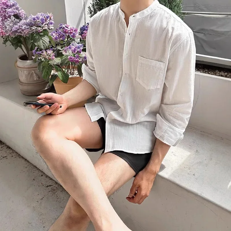 2026 New Men's Stand Collar Linen Cotton Wrinkle Shirt Lazy Slim Fit Long Sleeve Sun Protection Cardigan Breathable Work Shirt