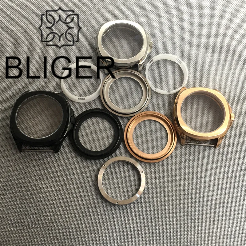 BLIGER Square Watch Case Black Rose GOLD PVE Coated 40mm Diameter Silver Case Stainless Steel Sapphire Glass Fit For NH35 PT5000