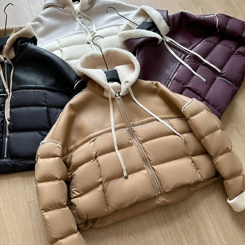 2023 New Winter Down Coat Women Korean Fashion Short Stitch Contrast Hooded Pu Leather Sheepskin Coat Thick Warm Parkas Outwear