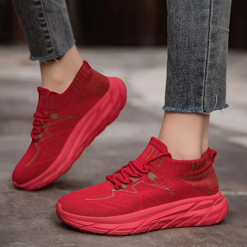 Fashion Red Running Shoes For Women Breathable Knit Sneakers Woman Comfortable High Top Platform Sneakers Women's Sport Sneakers