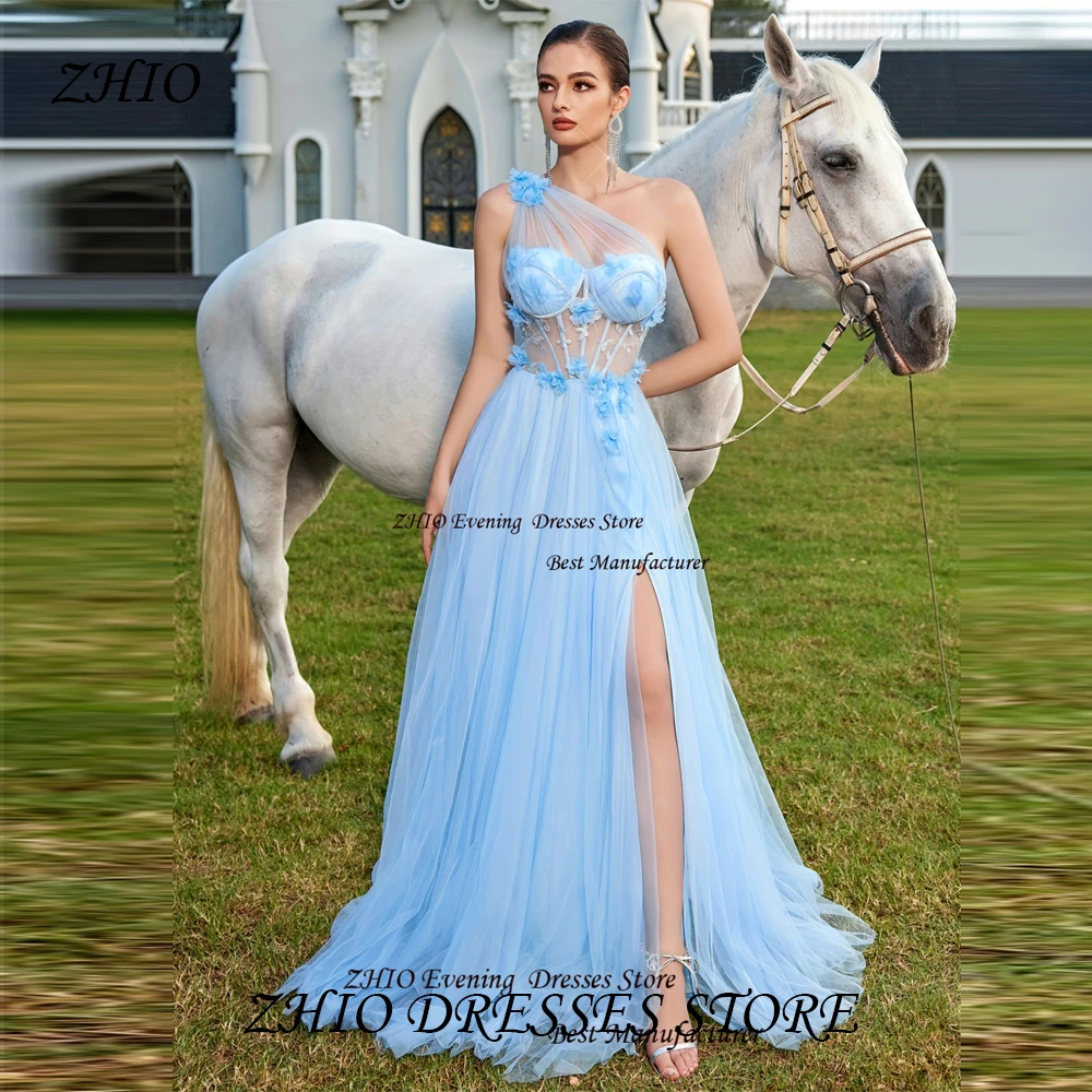 ZHIO セクシーなチュール モダンフラワー ストラップレス チュール 非対称フォーマルドレス ワンショルダー ハイスリット プロムドレス バックレス フロアレングス