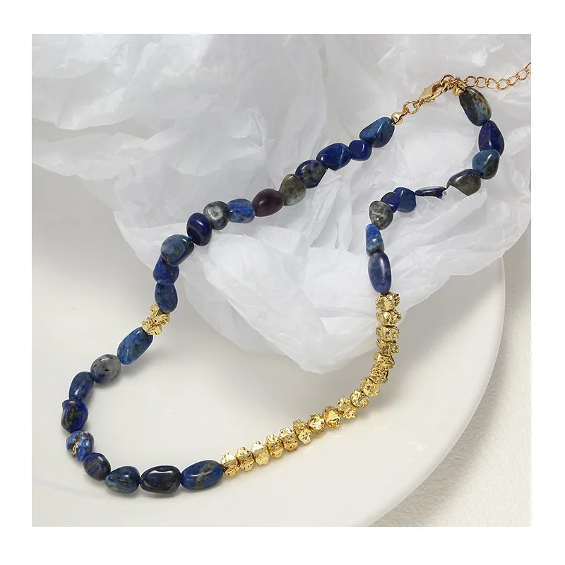 

Necklace Original Design Irregular Lapis Lazuli Iron Stone Beaded Necklace French Niche Design Style Rough Stone Necklace