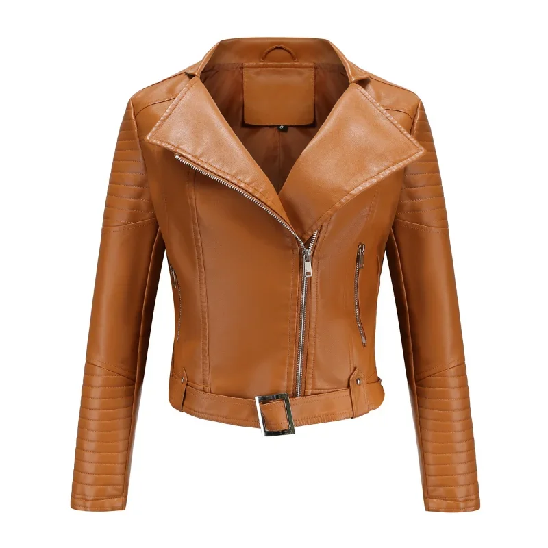BTQWFD Women\'s Jackets Winter Coats Female Clothing Turndown Collar Belt Motor Biker PU Faux Leather 2024 Autumn Fashion Zippers