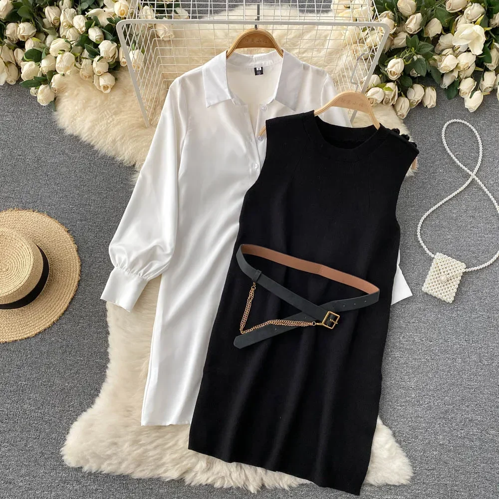 Chic Sashes Women Two-Piece Sets Basics Long Sleeve Single Breasted Shirt and Slim Split Knit Vest Korean Autumn Winter Clothing