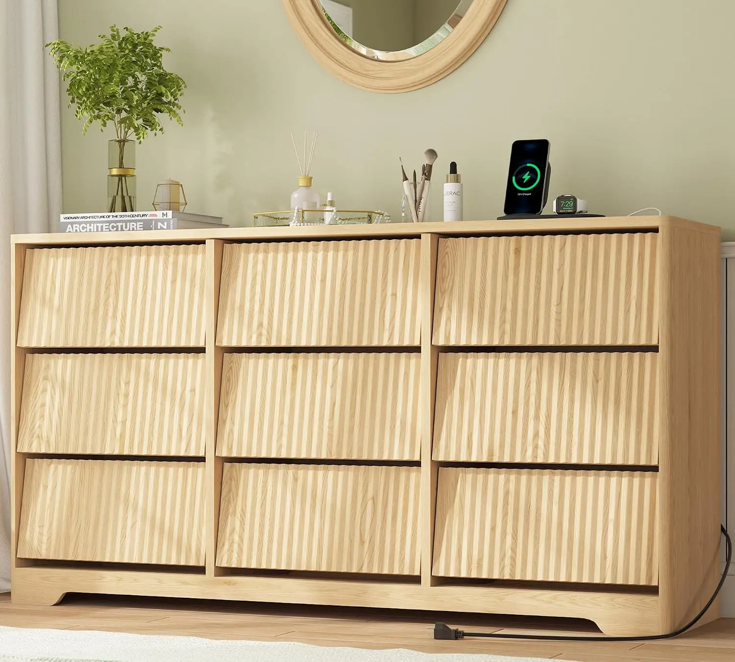 Fluted 9-Drawer Bedroom Dresser with Power Outlets & USB Ports, Modern Handleless Design in White, Oak, Black &, Customized