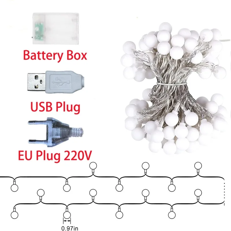 USB LED Ball Garland Lights para Home Decor, Bateria, Fairy String Lamp, Exterior, Quarto, Natal, Feriado, Festa de casamento