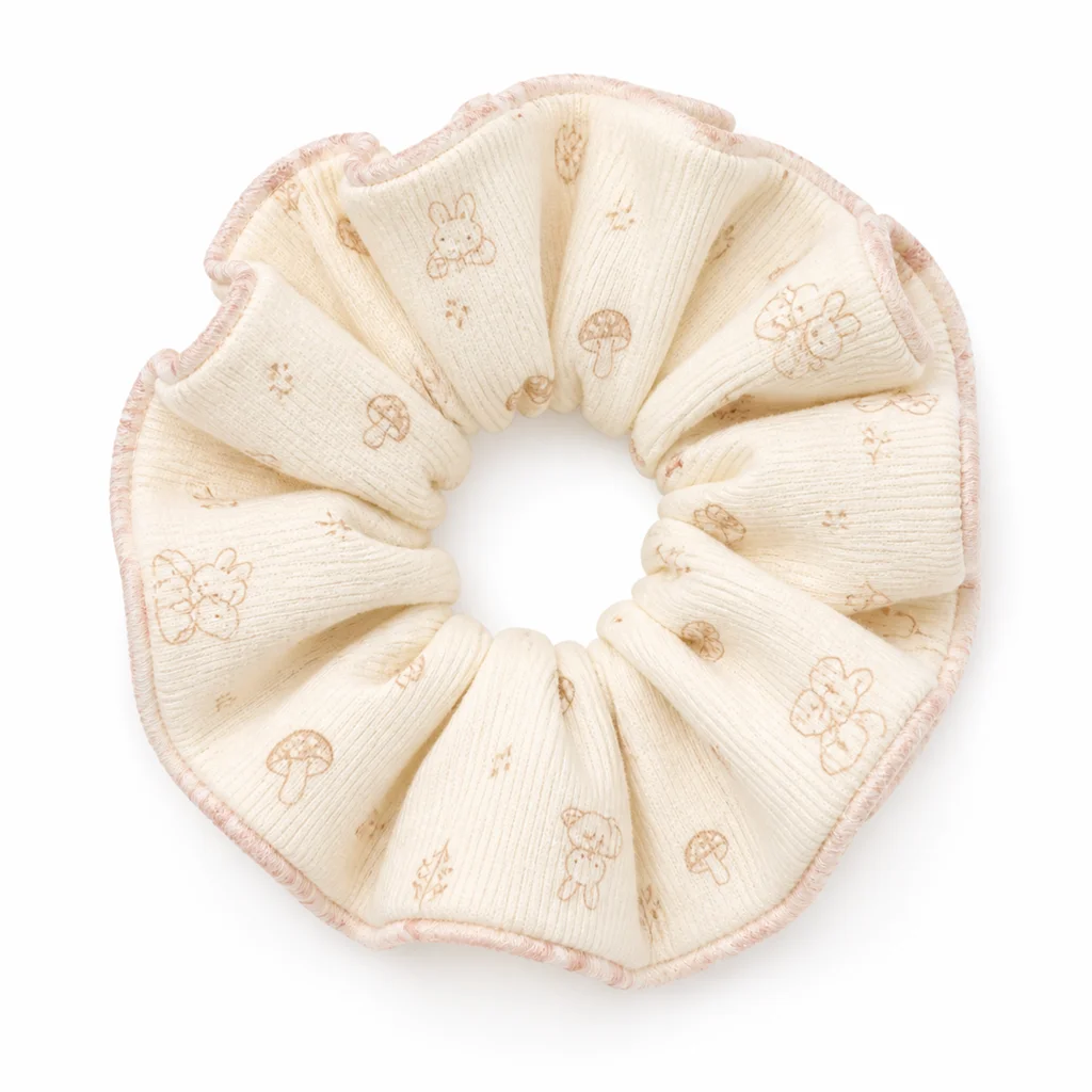 cream-petite-woodland-motif-single-layer-scrunchie-oversized-handmade-soft-knit-look-hair-tie