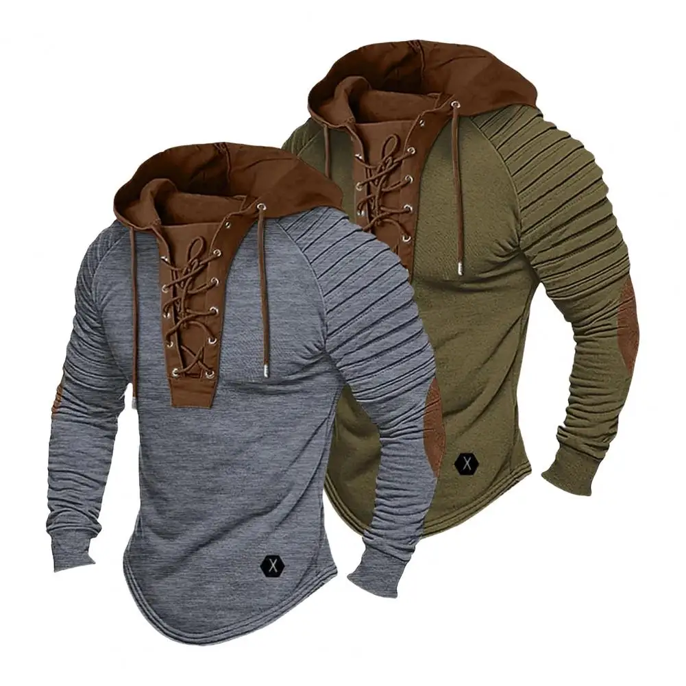 Men Hooded Sweatshirt Long Sleeve Hoodie Vintage Lace-up Drawstring Men's Hoodie with Pleated Shoulders Soft Stretchy Breathable