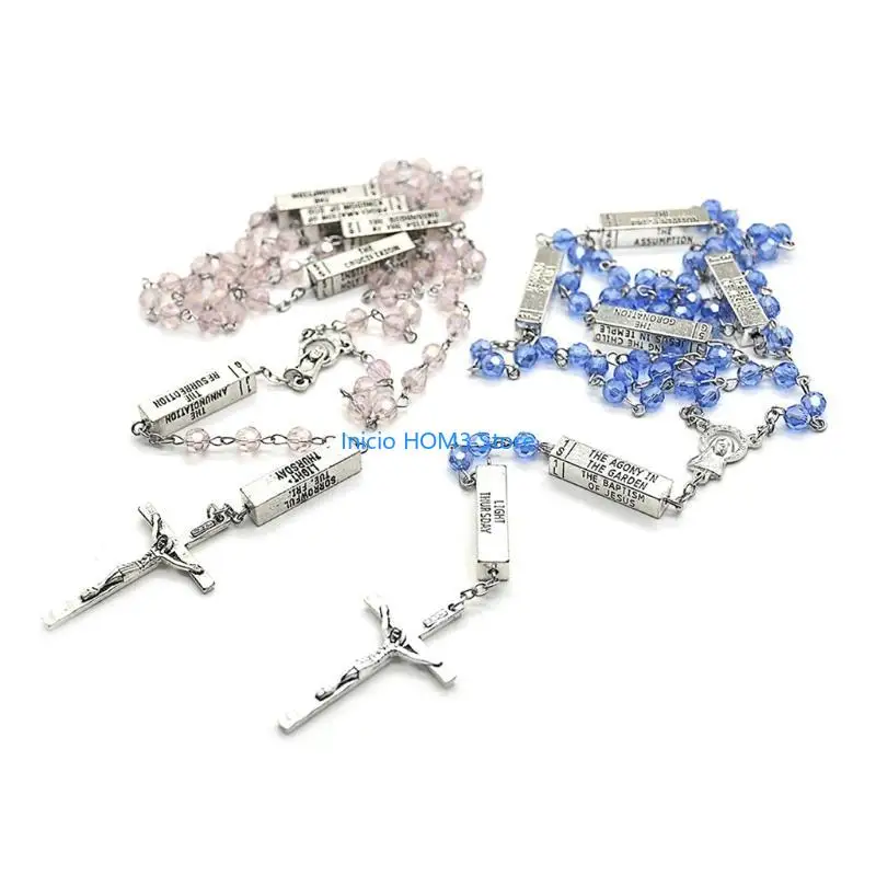 A5YD 49cm Alloy Rosary for Cross Necklace For Men Boys for Cross Medallion Holy Faith Beaded Long Necklace Chain Catholic Y N