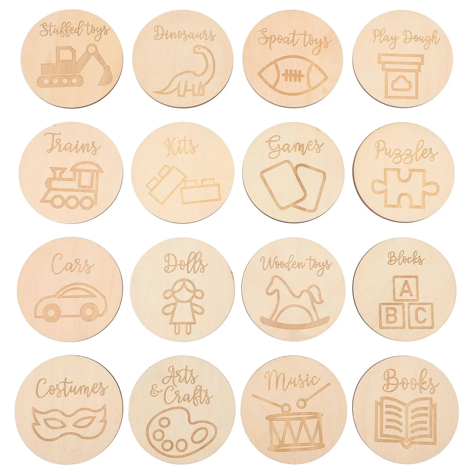 

16pcs Round Wooden Storage Tags Round Wood Discs Storage Labels with illustrations Playroom Toy Signs multiuse kids Toys Box tag