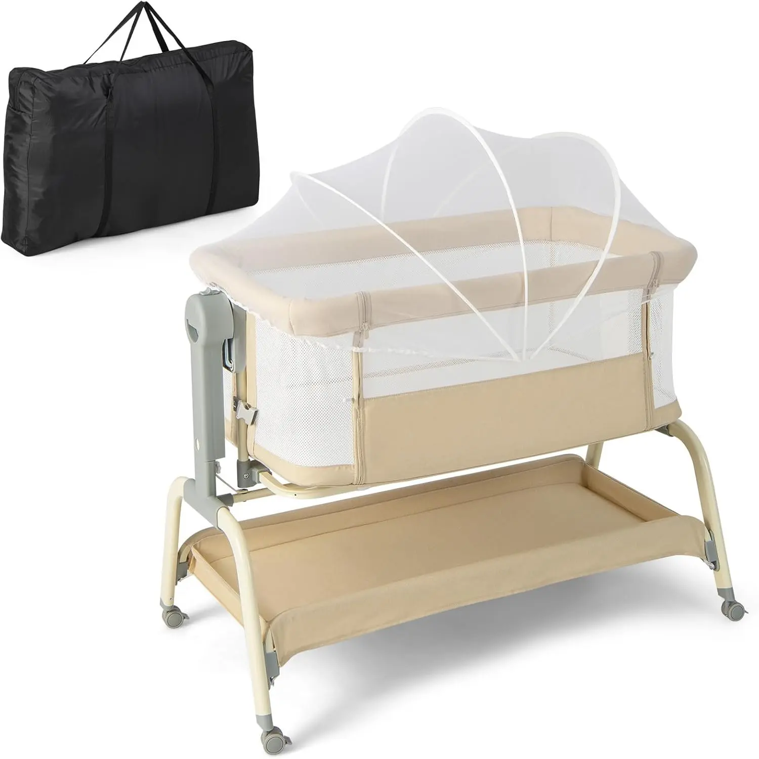 4-in-1 Babybed met Muskietennet, Zijbedje & Babywieg & Reisbedje met Matras, 6 Verstelbare Hoogtes, Draagtas