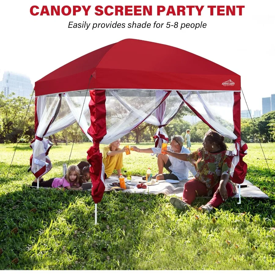 خيمة بمظلة 10 × 10 مع شاشة شبكية للحفلات الخارجية والتخييم، شرفة فناء قابلة للطي سهلة المنبثقة مع حقيبة دوارة و4 ق