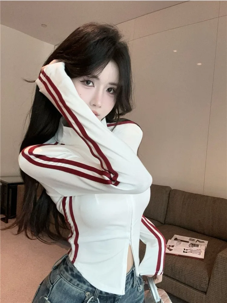 Women's 2026 Autumn American Sweet Hot Girl Stripe Cropped Double Zip Up Long Sleeve Tee Top Cover Up Layering Streetwear Chic