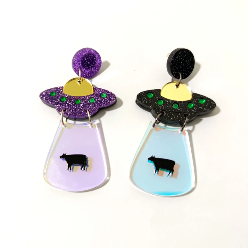 KUGUYS Cattle Caught By The Light ET UFO Drop Earrings for Women Cute Girls Accessories Glitter Acrylic Jewellery