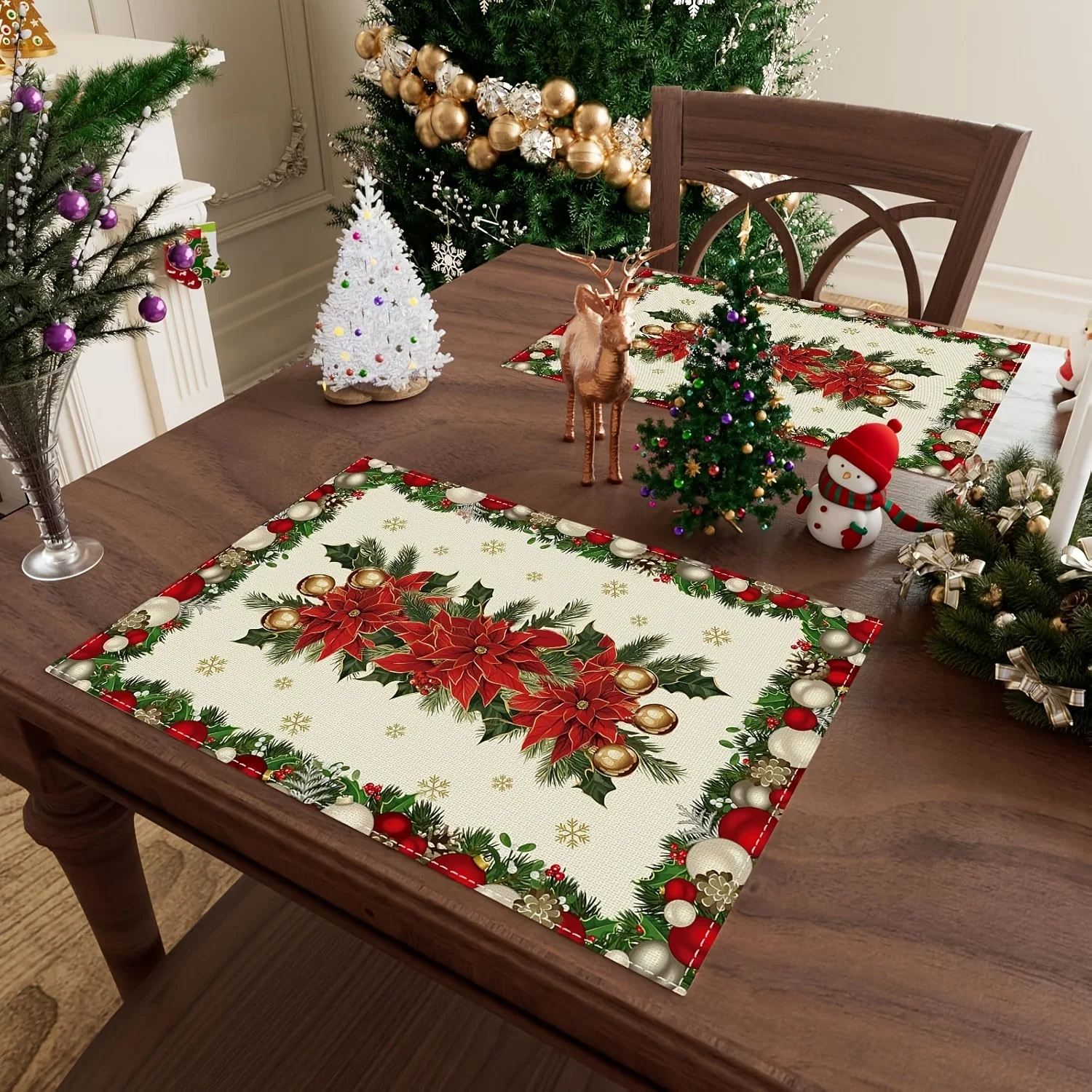 VIKAMA 4/6/8/10 Stück Weihnachts-Tischsets, festliche Blumen und Schneeflocken, festliche Party-Tischmatten, Küchendekoration, Heimdekoration