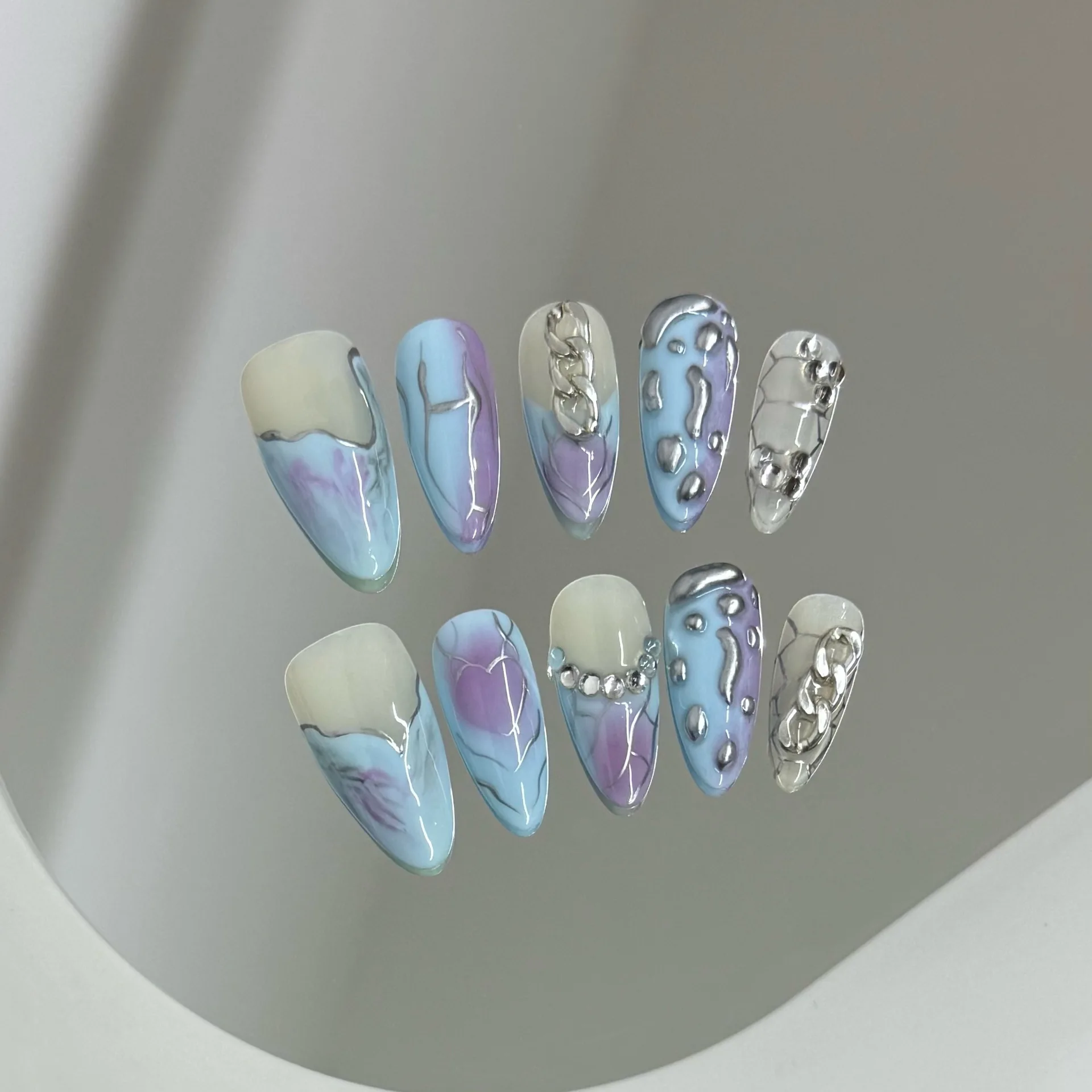 

10PCS Cyberpunk Almond Handmade Press on Nails Sweet Cool Blue-purple Gradient with Metal Silver False Nails Wearable Fake Nails