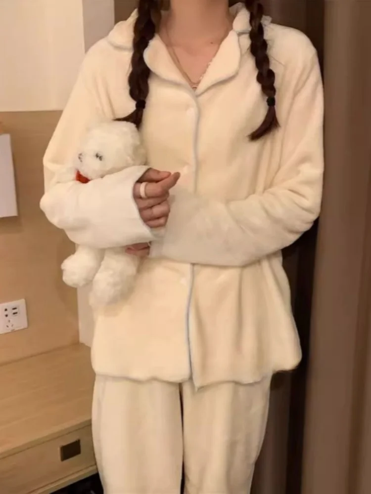 Coral Fce Damen Spwear Thiened Flanell Home Kleidung Long Sve Lange Hosen Wintersaison Einfache Sle Reine Farbe