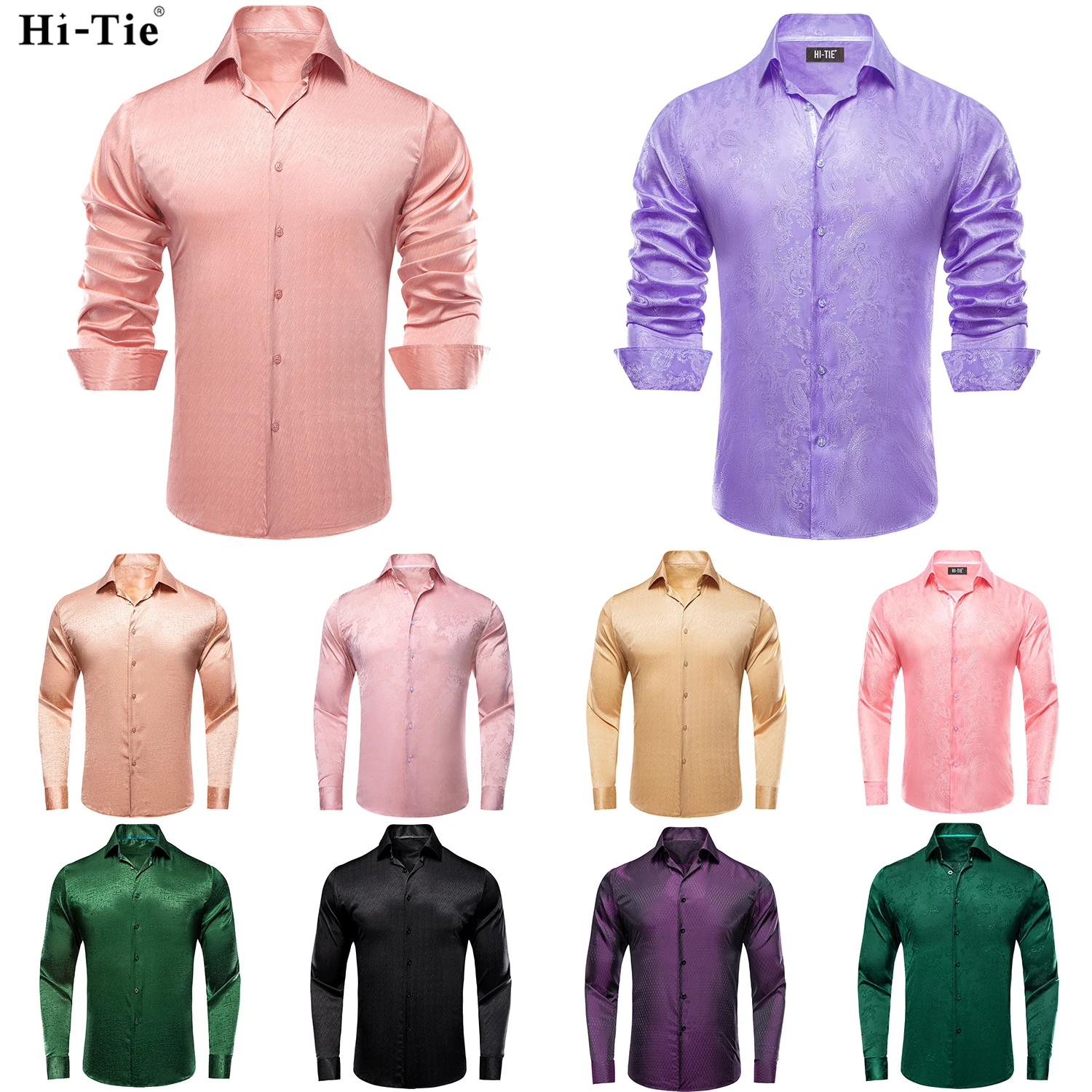 Hi-Tie Peach Pink jacquard Men's Long Sleeve Satin Silk Dress Shirts Casual Formal Blouse Shirt Luxury Designer Men Clothing