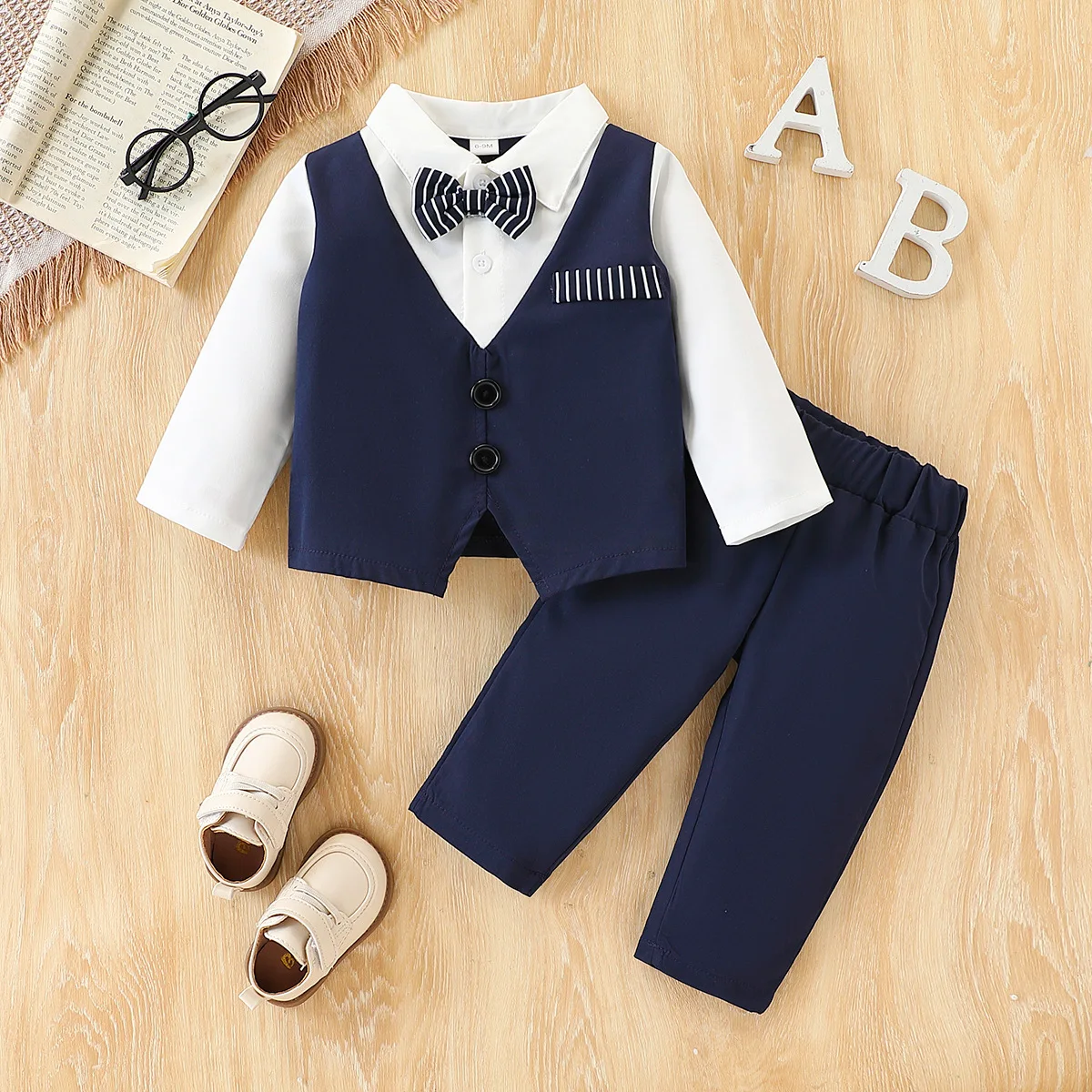 2026 Spring Autumn Boys 2Pcs Outfit, British Style Gentleman Fake Two-piece Long Sleeve Shirt & Pants Set  for 6M-3Y