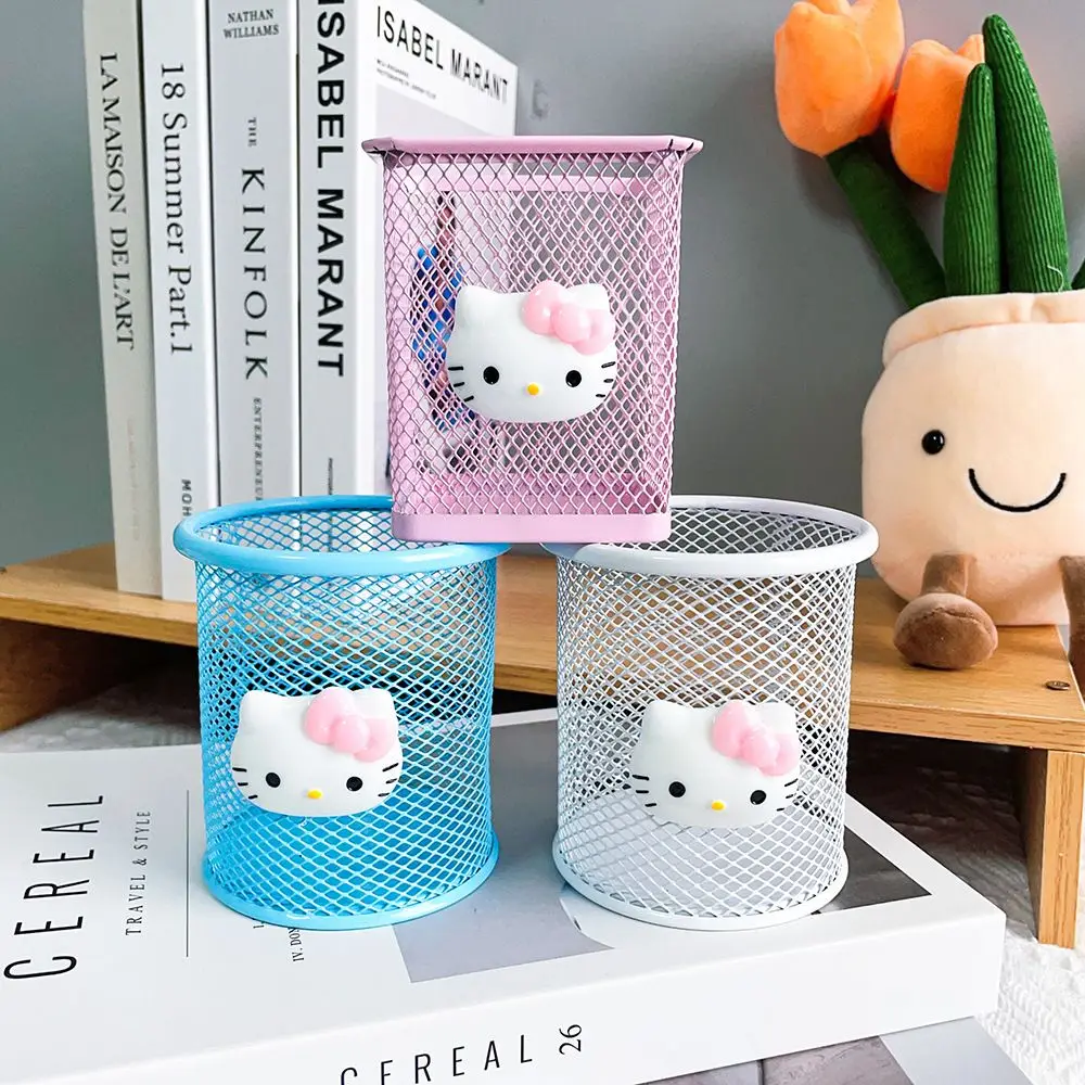Hello Kitty Desktop Pen Pot Hollow Metal Pencil Holder Cartoon Stationery Organizer for Office School Desk Decor Birthday Gift