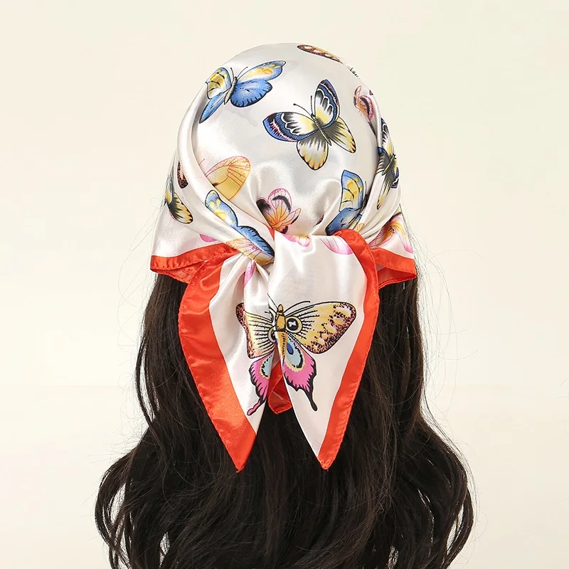 Trendy Butterfly Printed Square Scarf Hijab Wrap Muslim Headscarf Satin Silk Kerchief Hairband Lady Headband Foulard Bag Ribbon