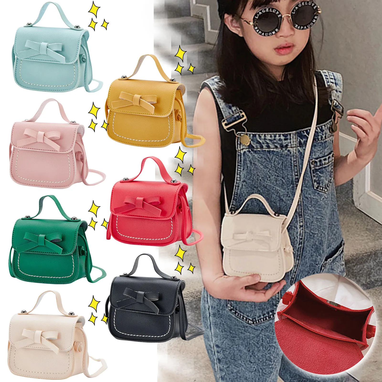 

Cute Leather Girl Messenger Bags Sweet Cool Style Matching Shoulder Bag Solid Bowknot Crossbody Coin Purses For Gift