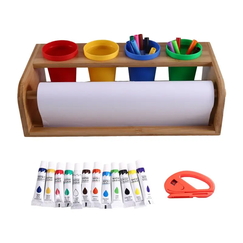 Kids Art Easel With Paper Roll Dispenser Tabletop, 12 Pigments And 12 Watercolor Pens, Tool And Craft Station